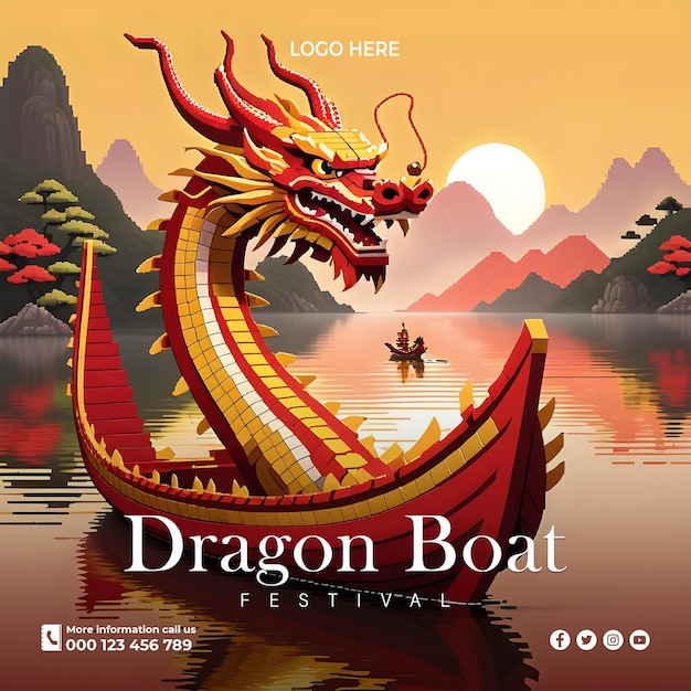 Feliz festival de barcos dragón barco dragón en el río para la competencia de remo bandera para el festival duanwu