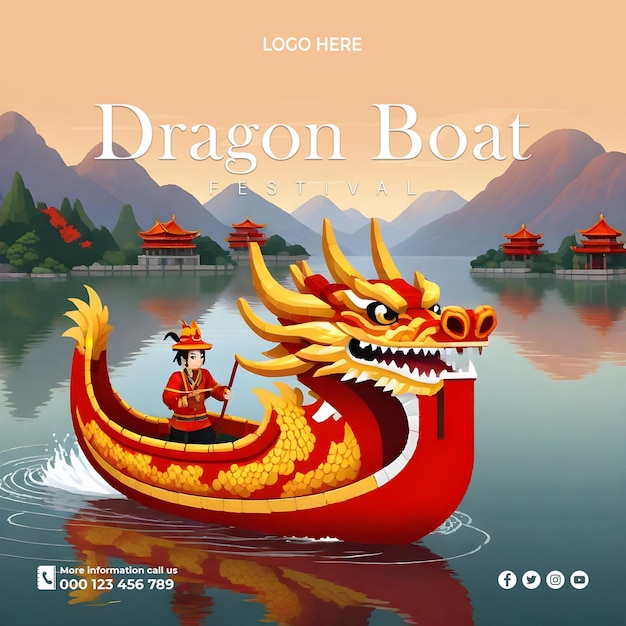 PSD feliz festival de barcos dragón barco dragón en el río para la competencia de remo bandera para el festival duanwu