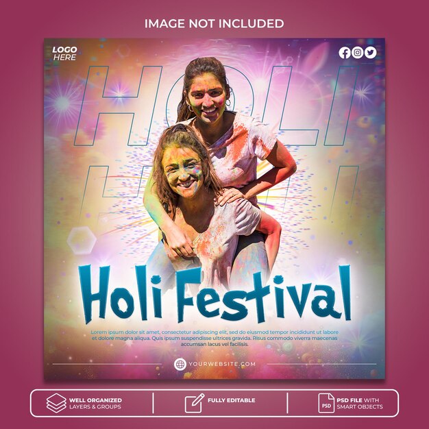 Feliz festival de holi post no instagram ou modelo de banner de mídia social