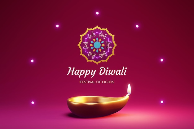 Feliz festival diwali con lámparas de aceite y hermoso fondo rojo rangoli