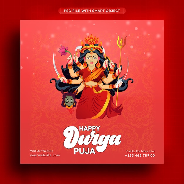 PSD feliz festival de durga puja diseño creativo tarjeta de vacaciones con maqueta de la diosa durga