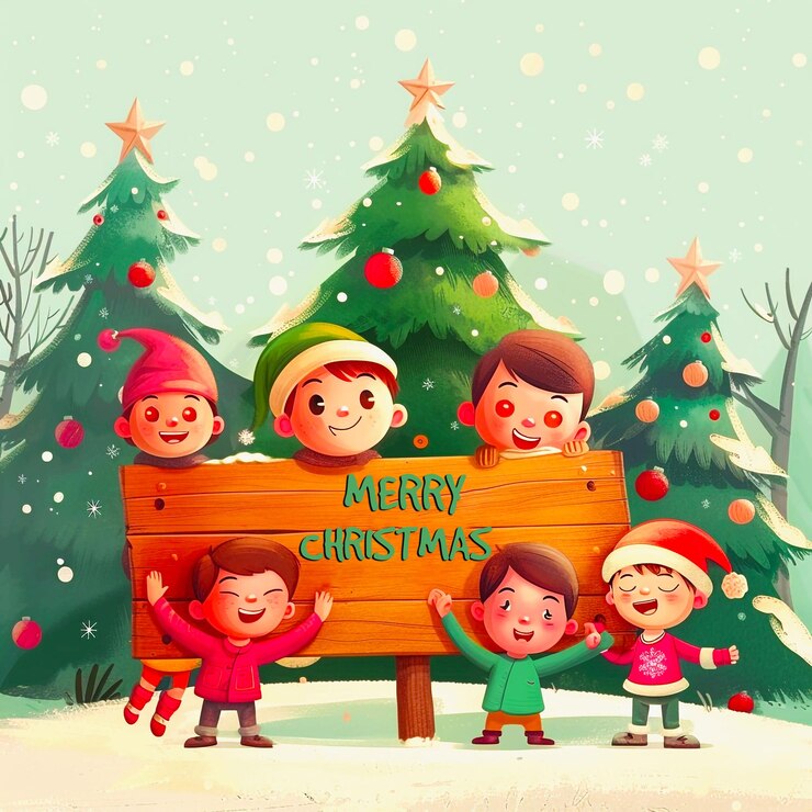PSD feliz fondo de navidad con niños y árbol de navidad