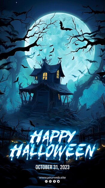 PSD feliz fundo de halloween e cartaz de halloween casa de halloween na selva profunda