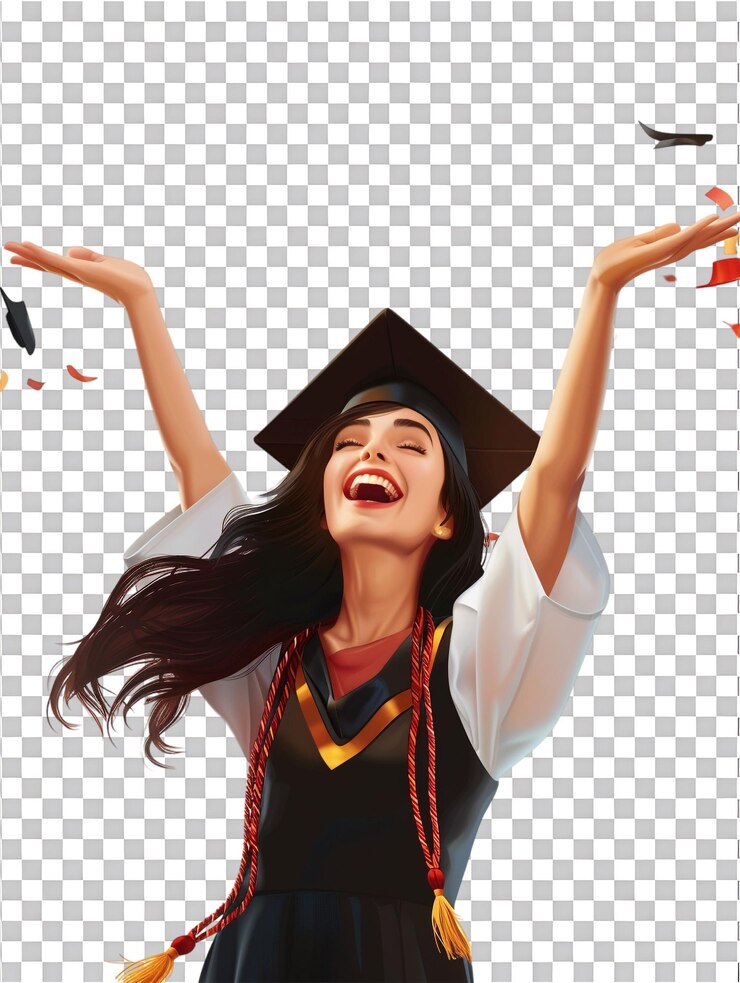 PSD feliz graduación de la mujer sola en un fondo transparente