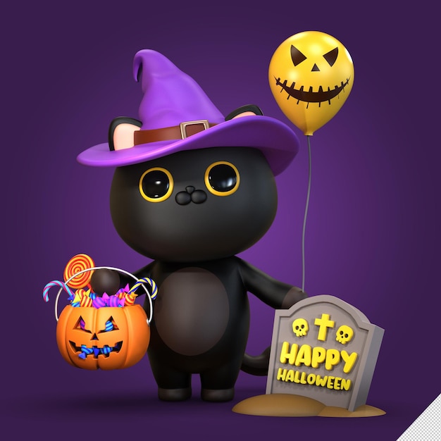 PSD feliz halloween 3d render gato ilustración