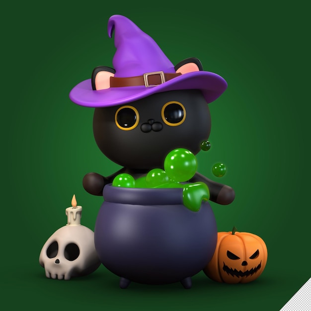 PSD feliz halloween 3d render gato ilustración