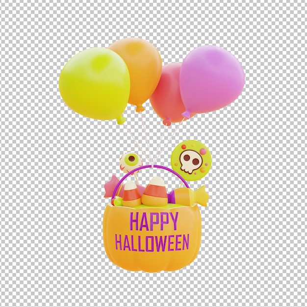 Feliz Halloween con cesta de calabaza JackoLantern llena de caramelos coloridos y globo flotando sobre fondo blanco 3d renderizado