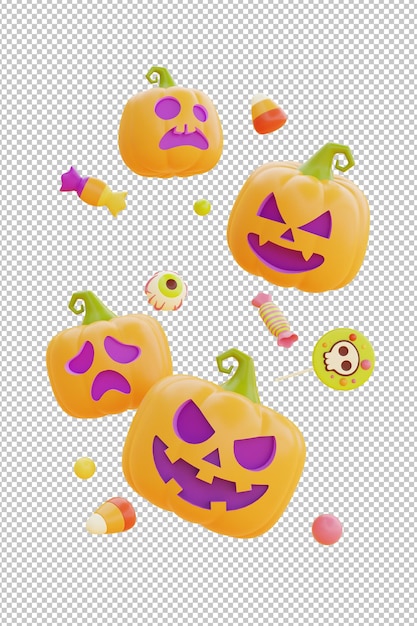 Feliz Halloween con JackoLantern calabazas carácter caramelos y dulces coloridos flotando sobre fondo blanco 3d renderizado