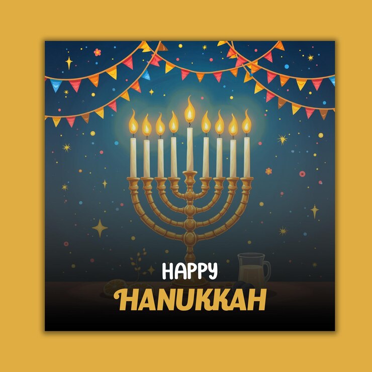 PSD feliz hanukkah festival judío de las luces corte de papel bandera de saludo símbolos de hanukkah dreidels