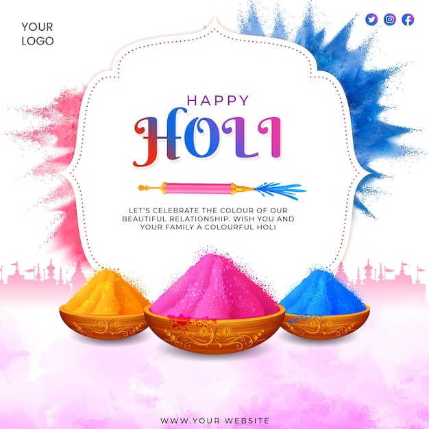 Feliz Holi Greetings Branco Púrpura Beige Colorido Indian Hinduismo Festival Social Media Background