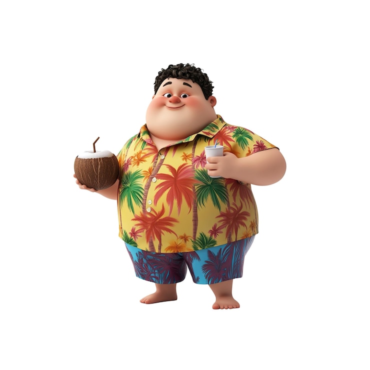 PSD feliz hombre gordo de dibujos animados disfrutando de vacaciones tropicales con coco y bebida