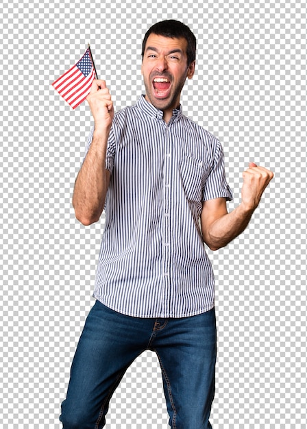 Feliz, homem bonito, segurando, um, bandeira americana