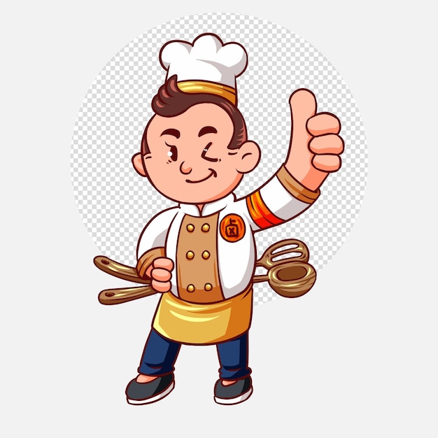 Feliz jovem cozinheiro de uniforme mostrando polegares para cima ilustração de arte dos desenhos animados