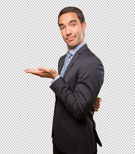 Feliz, jovem, homem negócios, mostrando, gesto