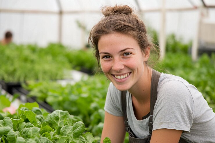 PSD feliz joven agricultora trabajando en un invernadero entre plantas verdes