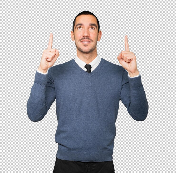 PSD feliz joven apuntando hacia arriba con su dedo