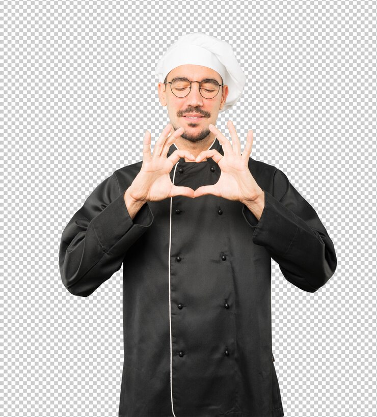 PSD feliz joven chef haciendo un gesto de amor con sus manos