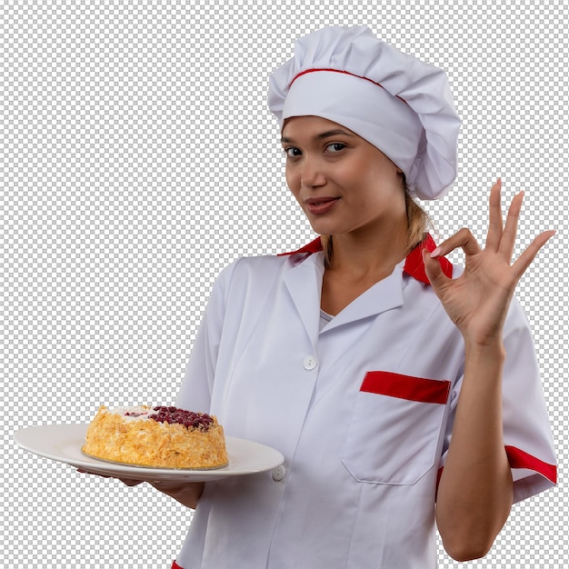 Feliz joven cocinera vestida con uniforme de chef sosteniendo la torta en la placa mostrando gesto okey en pared blanca aislada con espacio de copia