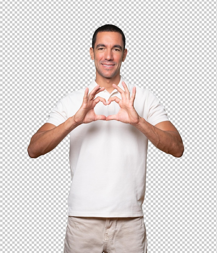 PSD feliz joven haciendo un gesto de amor con las manos