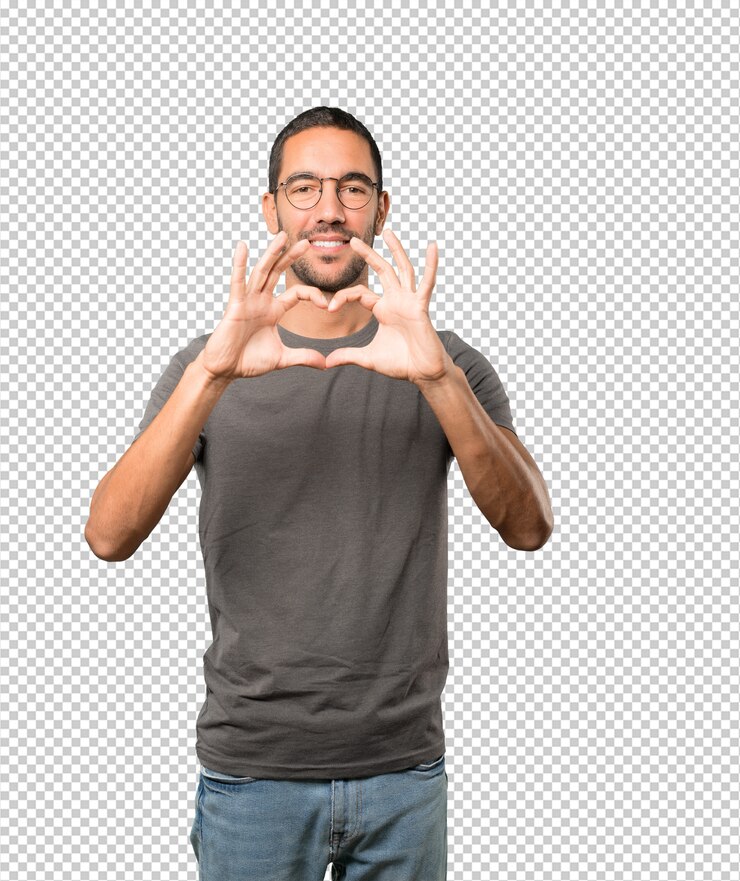 PSD feliz joven haciendo un gesto de amor con sus manos