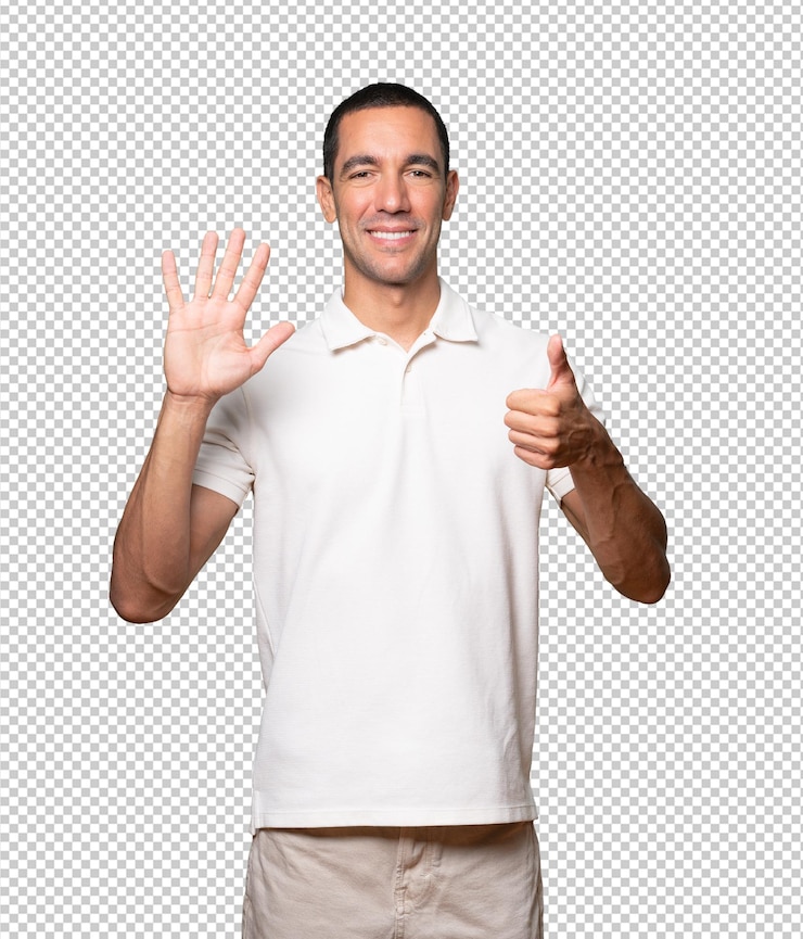 PSD feliz joven haciendo un gesto número seis con las manos