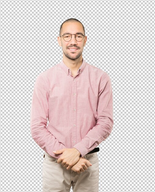 Feliz, joven, posar, aislado