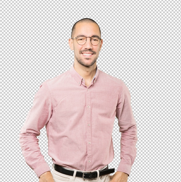 Feliz, joven, posar, aislado