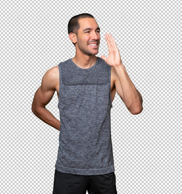 Feliz joven tratando de decir algo con fuerza