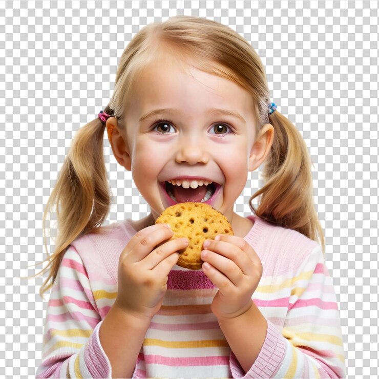 PSD feliz menina bonita comendo um biscoito isolado em fundo transparente
