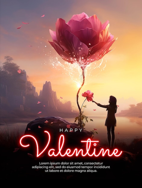 Feliz modelo de cartel del día de san valentín con encuentra una flor especial que puede hacer sueños de amor