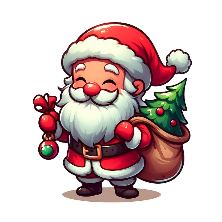 PSD feliz natal caracter santa claus com um saco de árvore de natal e bola