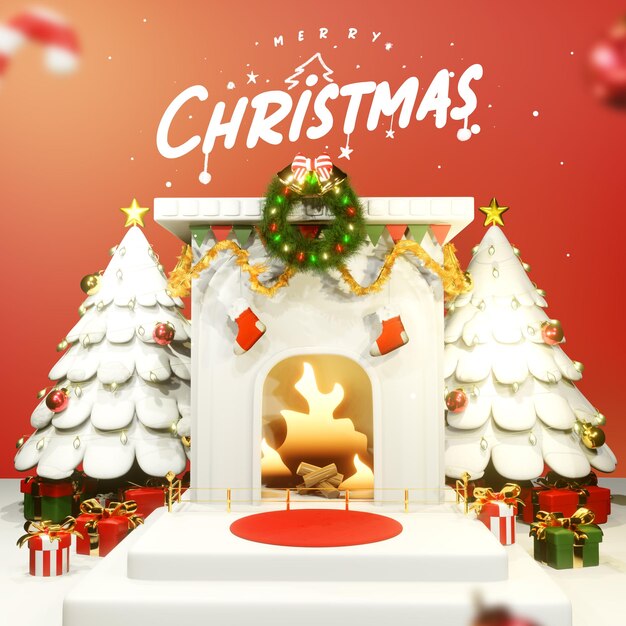 Feliz Natal com pódio de lareira 3D e árvore de Natal branco