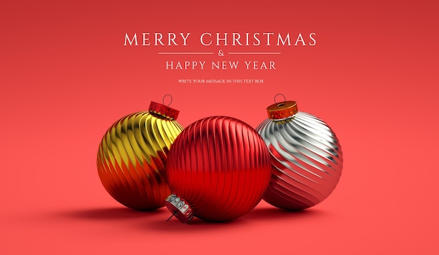 Feliz Natal e feliz ano novo banner de fundo vermelho com bolas e texto em renderização 3D