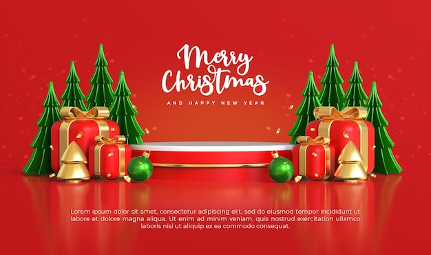Feliz Natal e feliz ano novo com pódio vazio em 3D e enfeites de natal