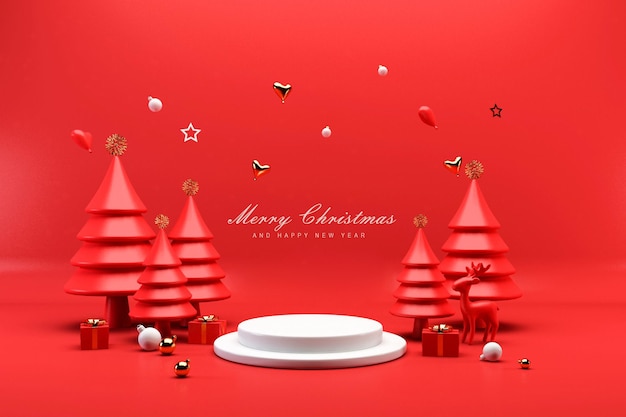 Feliz Natal e feliz ano novo com pódio vazio em 3D e enfeites de natal
