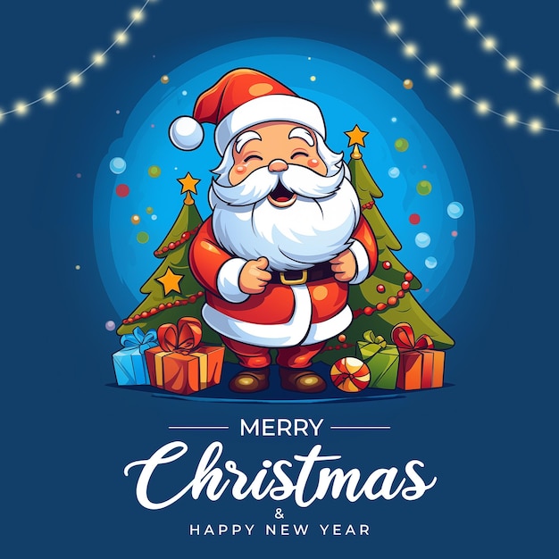 Feliz natal e feliz ano novo postagem nas redes sociais com presentes de papai noel e árvore de natal