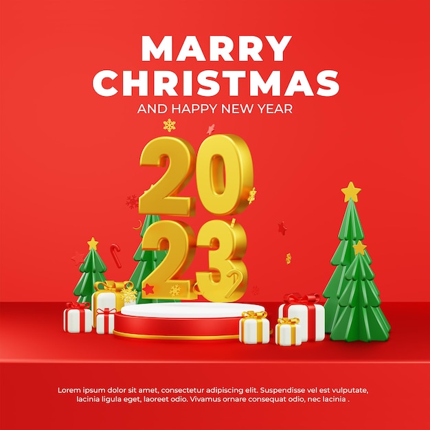 Feliz natal e feliz fundo com texto dourado brilhante e caixa de presentes em fundo preto