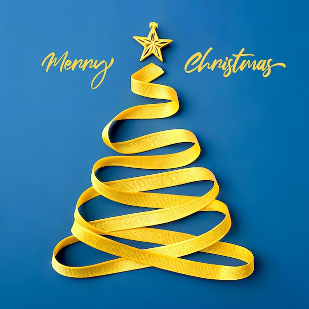 Feliz Natal forma de fita amarela fazendo uma árvore de Natal em fundo azul