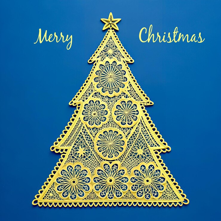 PSD feliz natal forma de fita amarela fazendo uma árvore de natal
