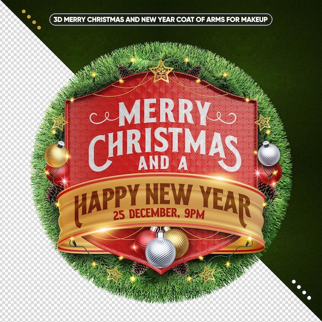 Feliz navidad 3D y escudo de armas de año nuevo para maquillaje.