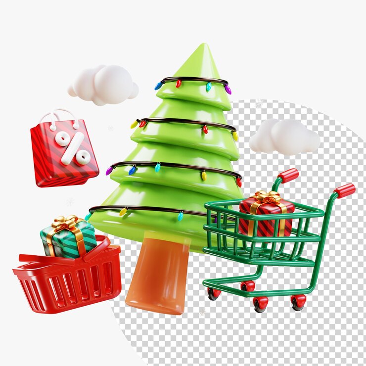 PSD feliz navidad y año nuevo venta de adornos de navidad caja de regalos árbol de navidad carrito de compras bolsa de compras cesta diseño 3d realista de objetos para la venta anuncios de carteles de pancartas 3d rendering