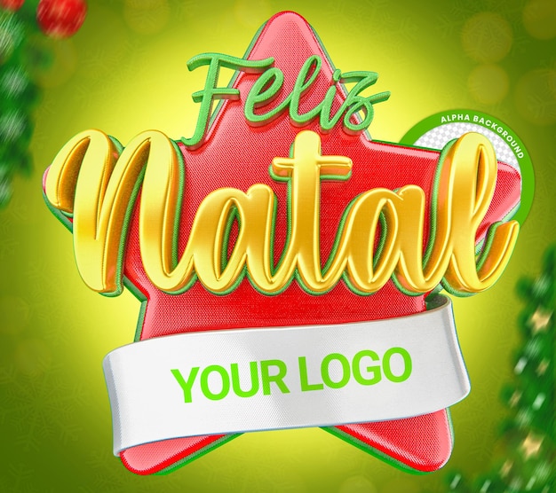 PSD feliz navidad con banda y texto 3d sello 3d para fecha de celebración estrella roja y verde