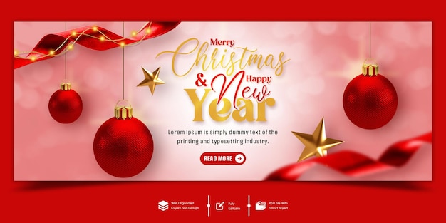 Feliz Navidad y feliz año nuevo 2024 celebración plantilla de banner de portada de Facebook