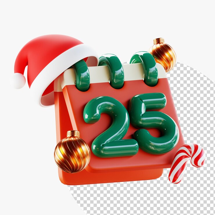 PSD feliz navidad y feliz año nuevo adornos de navidad bauble bola calendario sombrero caña de caramelo diseño 3d realista de objetos y decorado para tarjetas de vacaciones banner anuncios de póster web 3d rendering