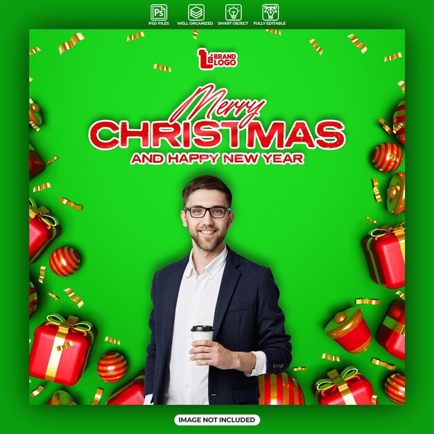 PSD feliz navidad y feliz año nuevo póster de felicitación con adornos en 3d