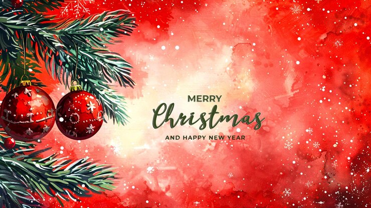 PSD feliz navidad y feliz año nuevo tarjeta de felicitación con ramas de árbol de navidad y bolas colgantes