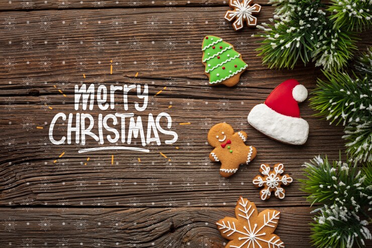 PSD feliz navidad con pan de jengibre y hojas de pino de navidad