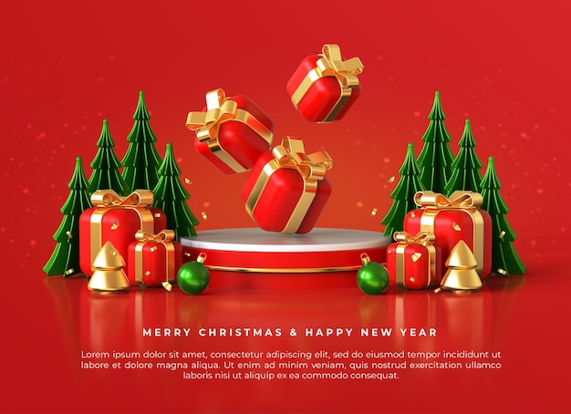 PSD feliz navidad y próspero año nuevo con cajas de regalo 3d en el podio y adornos navideños