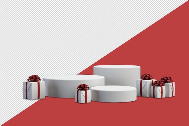 Feliz navidad y próspero año nuevo con cajas de regalo abiertas 3d en el podio y adornos navideños