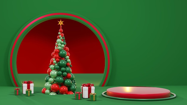 Feliz navidad y próspero año nuevo. Diseño minimalista abstracto, árboles de Navidad geométricos, caja de regalo, escenario realista redondo vacío, podio. Representación 3D PSD.